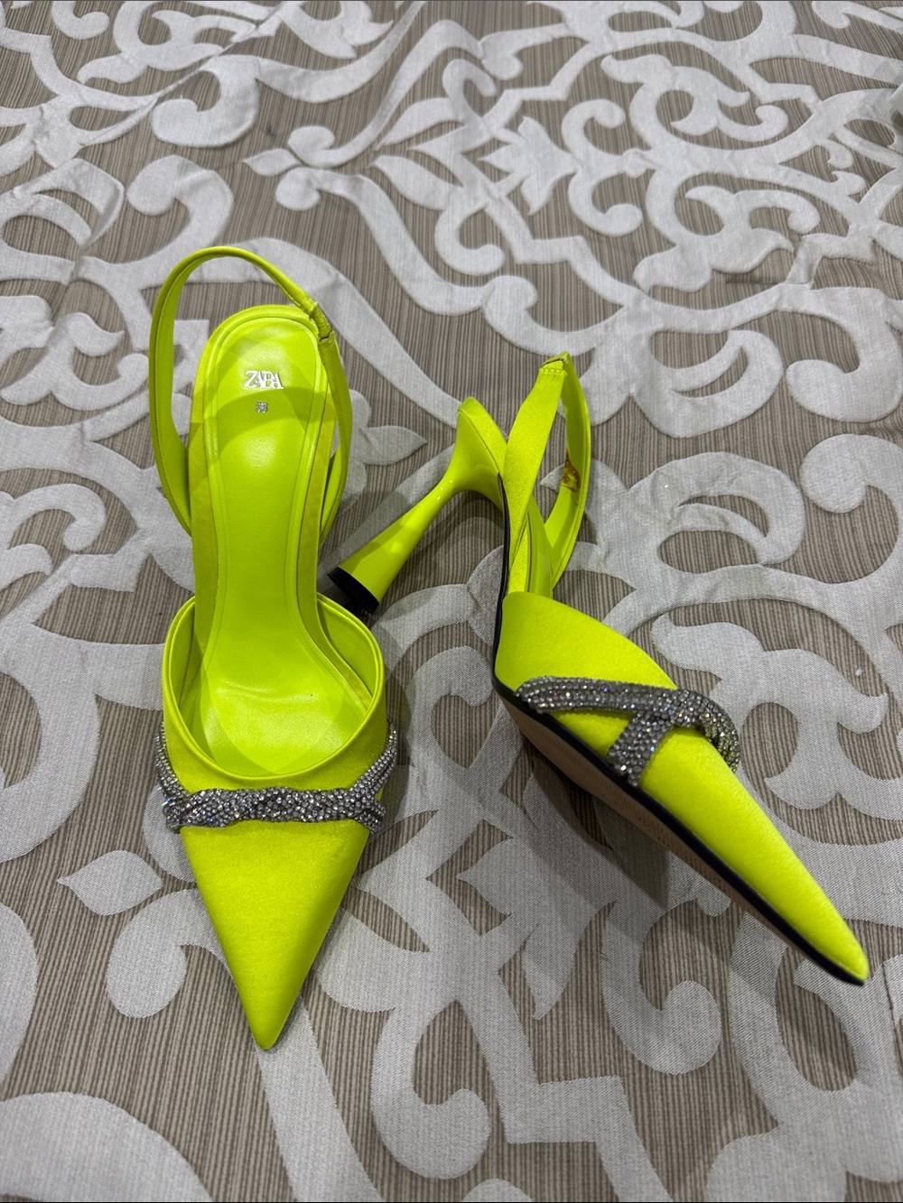 New Zara Neon Yellow Rhinestone Slingback Pointed Toe Pumps